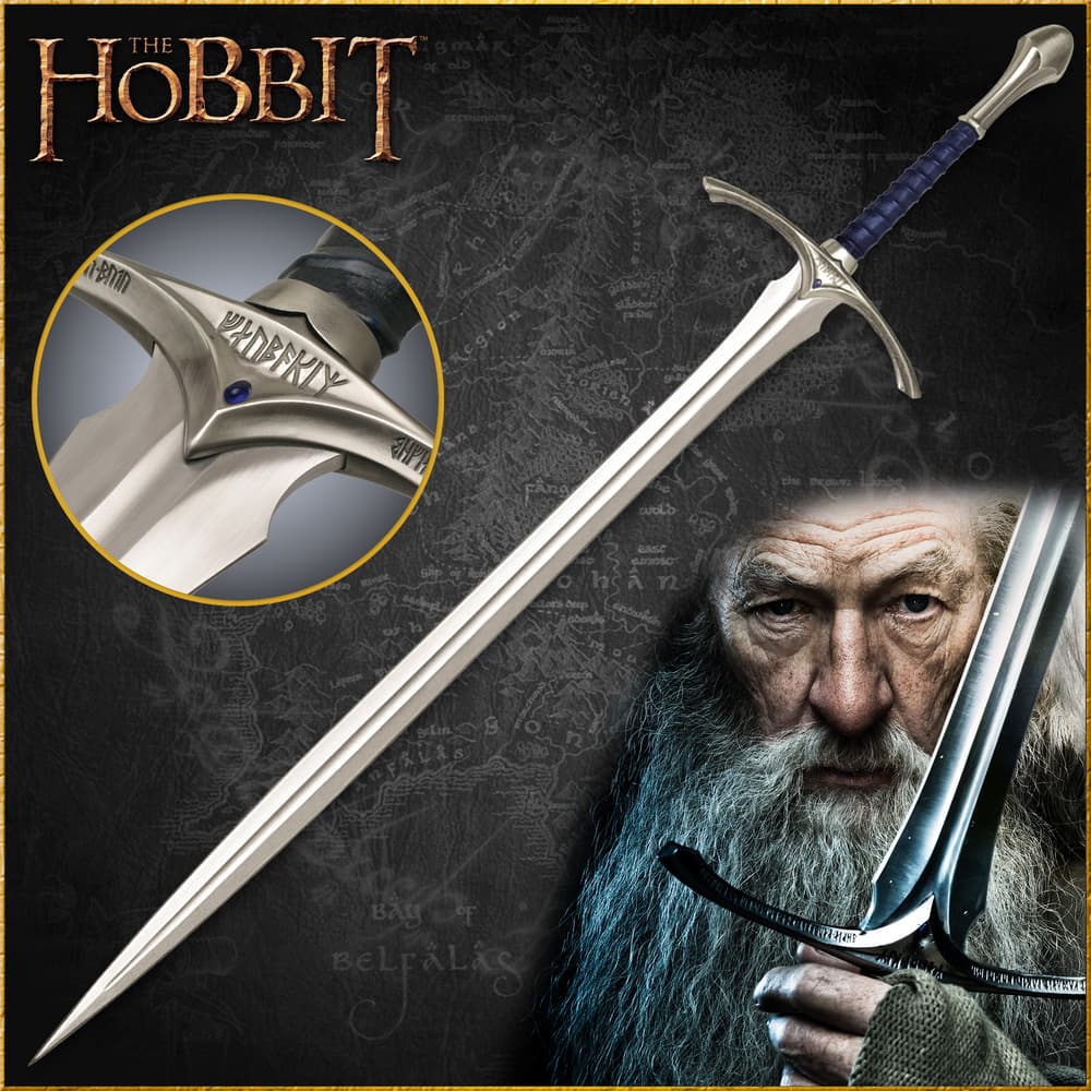 The Hobbit Glamdring sword shown in full between photos of the sword held by character Gandalf and displayed on a wooden wall plaque. image number 0