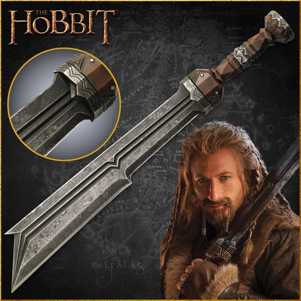 The Hobbit Sword of Fili shown held by the character, in full, and on wooden wall plaque. image number 0