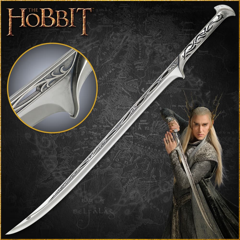 The Hobbit Sword of Thranduil is shown held by the character and with vine and leaf symbols engraved along the hilt. image number 0