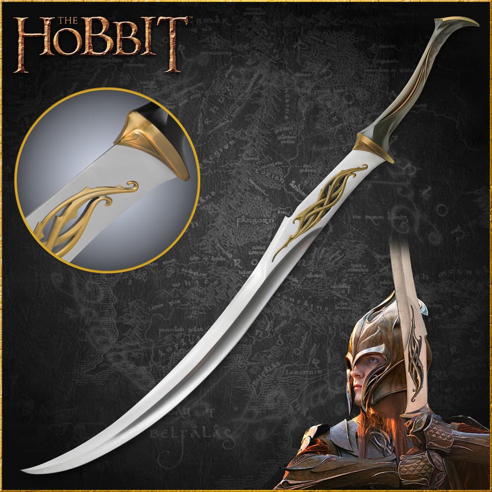 The Hobbit Mirkwood Infantry Sword shown with bronze-finished metal hilt atop brown cloths and a map next to a movie still. image number 0