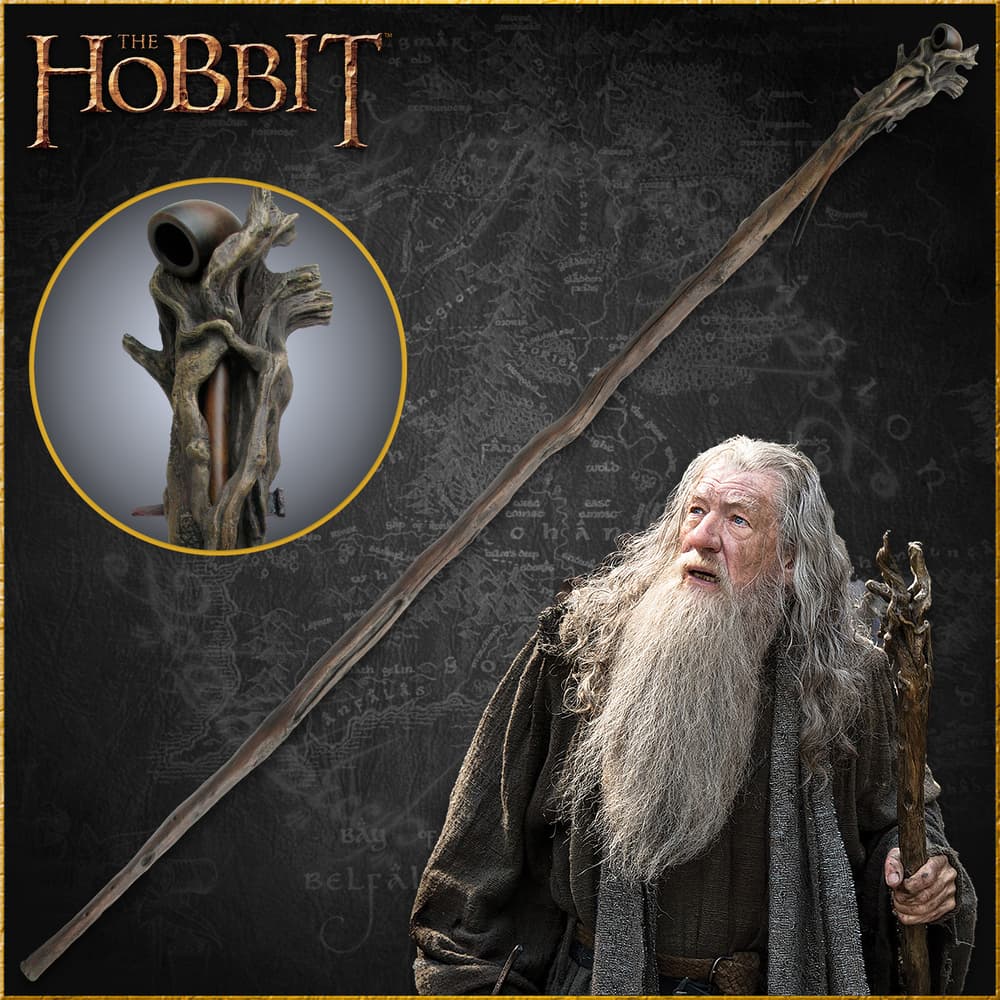 The Hobbit Staff of Gandalf the Grey shown held by the character, in full, and with included pipe and nail. image number 0