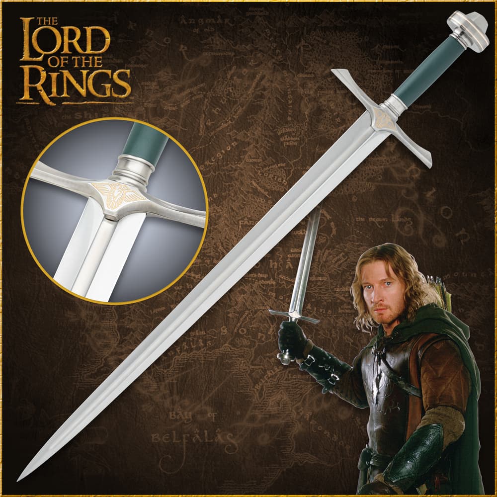 The Lord of the Rings Sword of Faramir shown with its display plaque and the full length of its blade image number 0