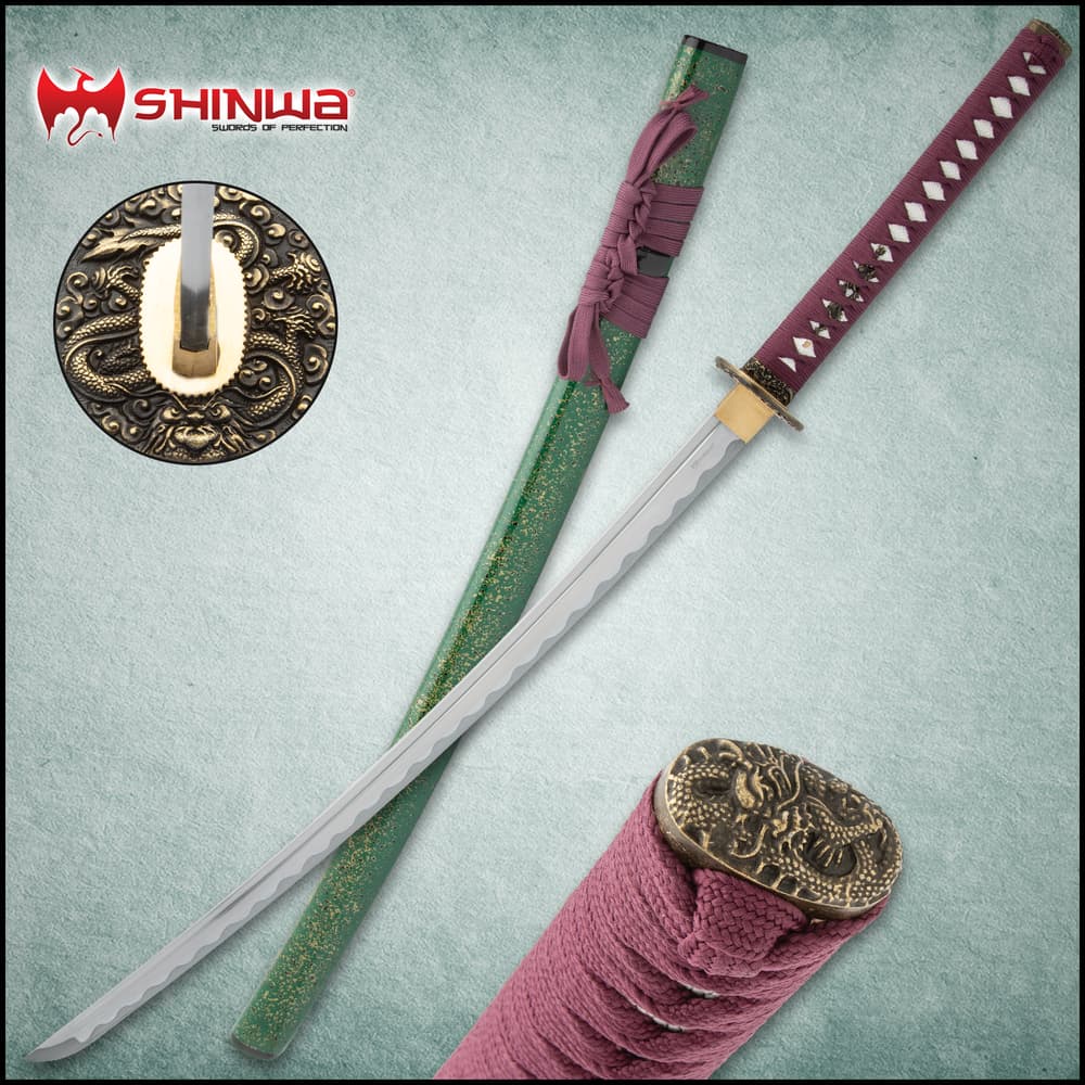 Full image of the Shinwa Hand Forged Dragon's Embrace Katana with its included scabbard on a sword stand. image number 0