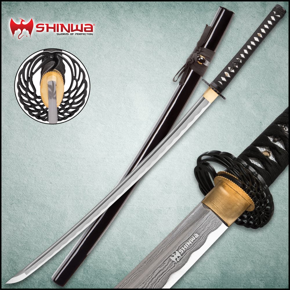 Shinwa Royal Warrior Katana/Samurai sword with black lacquered scabbard, black nylon cord wrapped handle and sharp Damascus steel blade. image number 0