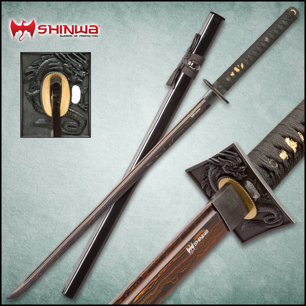 Shinwa Black Knight Katana on bamboo mat, showcasing black Damascus steel blade and ornate dragon tsuba. image number 0