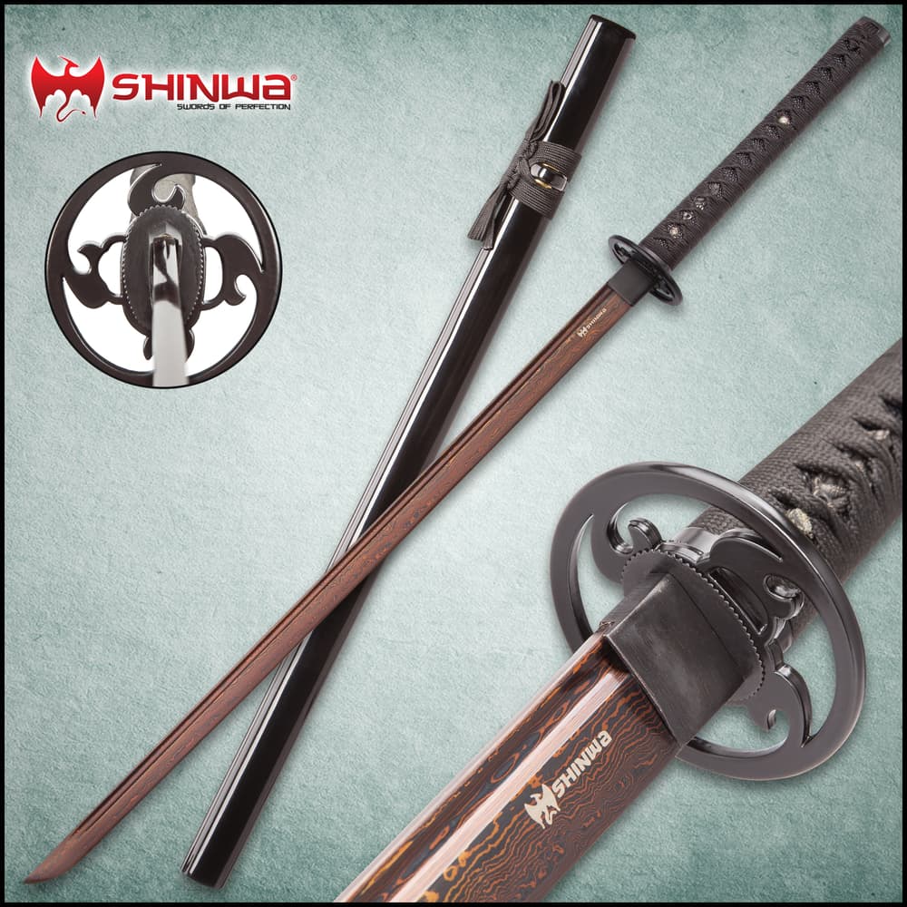 Shinwa Unbroken Night katana shown with black lacquered scabbard and detailed view of the cast tsuba. image number 0