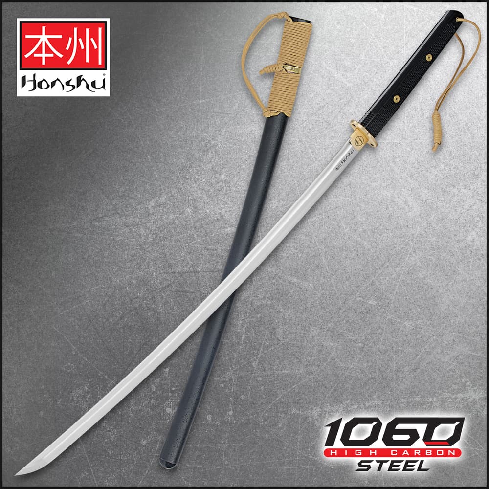 Honshu tactical katana has a carbon steel blade, black handle with brass accents, and cord wrapped black sheath. image number 0