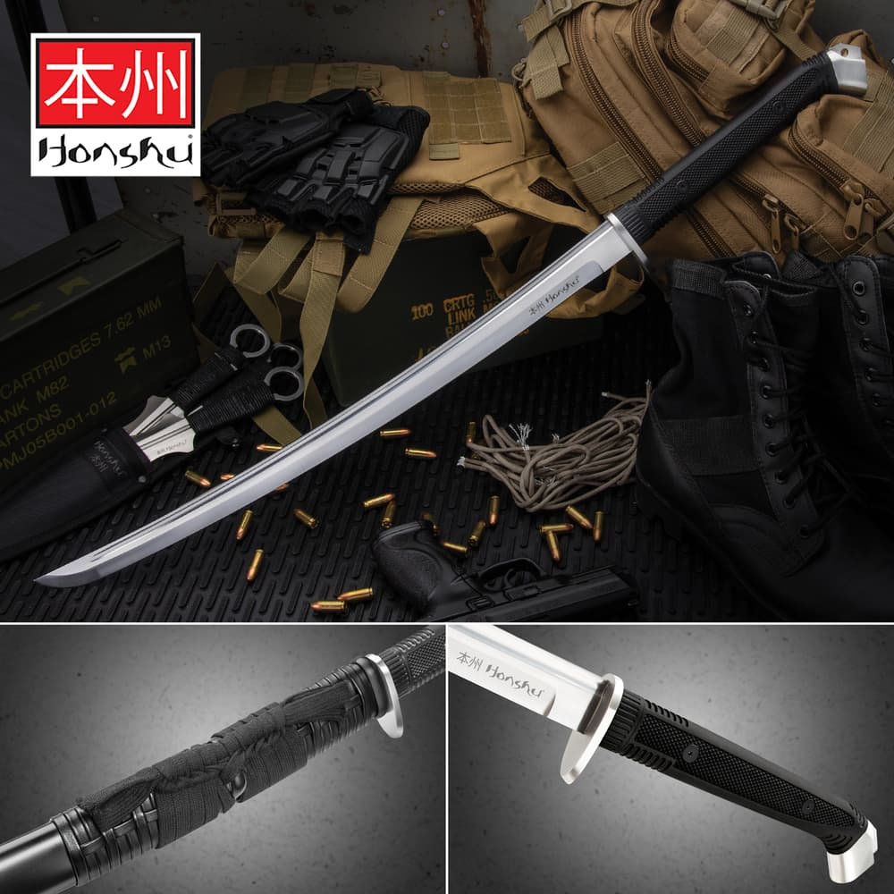 Honshu Boshin Wakizashi shown leaning against various pieces of tactical gear and weapons. image number 0
