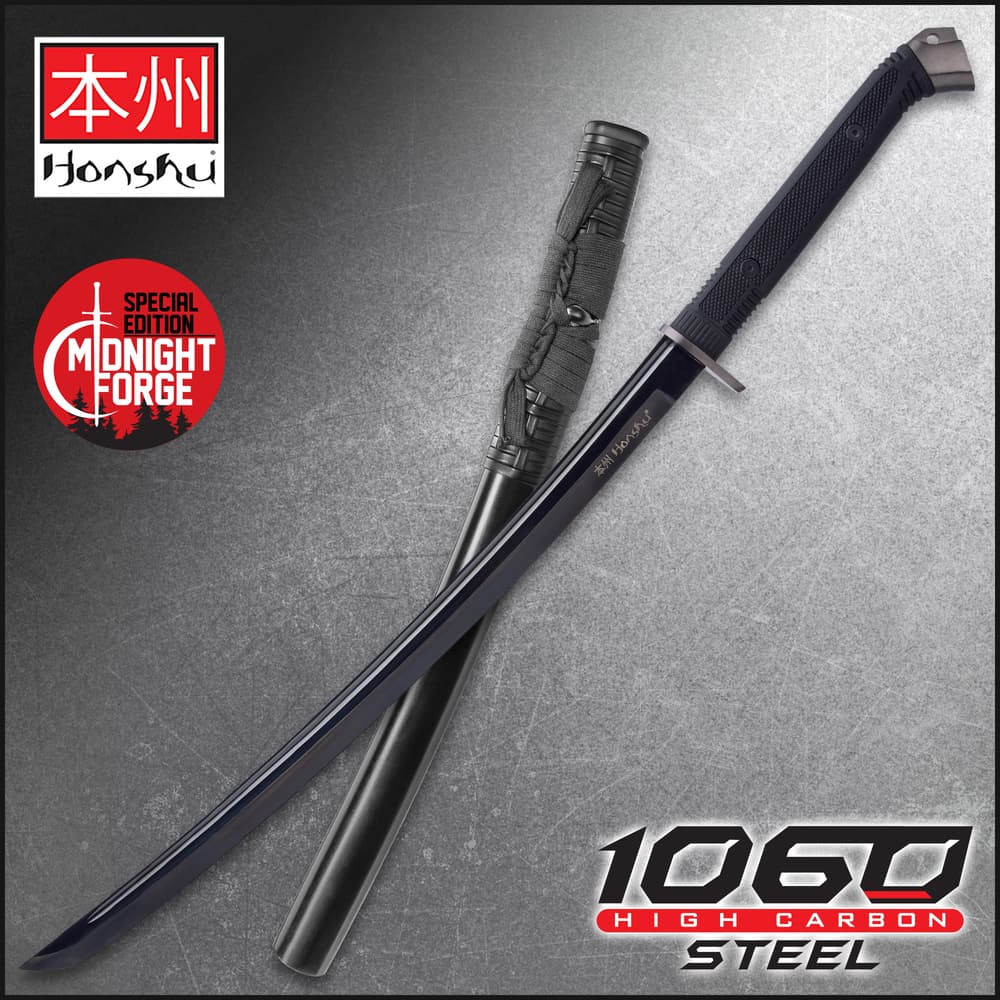 Special edition Black Honshu Boshin wakizashi 1060 high carbon steel blade with black TPR handle on to of cement blocks image number 0