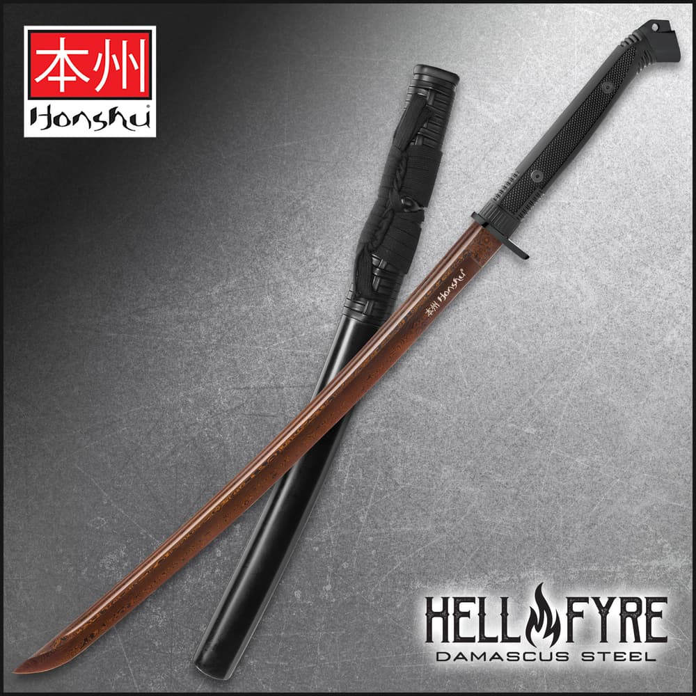 Honshu Boshin HellFyre Damascus Handmade Wakizashi Sword - Hand Forged HellFyre Damascus Steel, Exclusive Metallurgical Process - Full Tang, Modern Tactical - TPR Grip, Wooden Saya - 34" image number 0