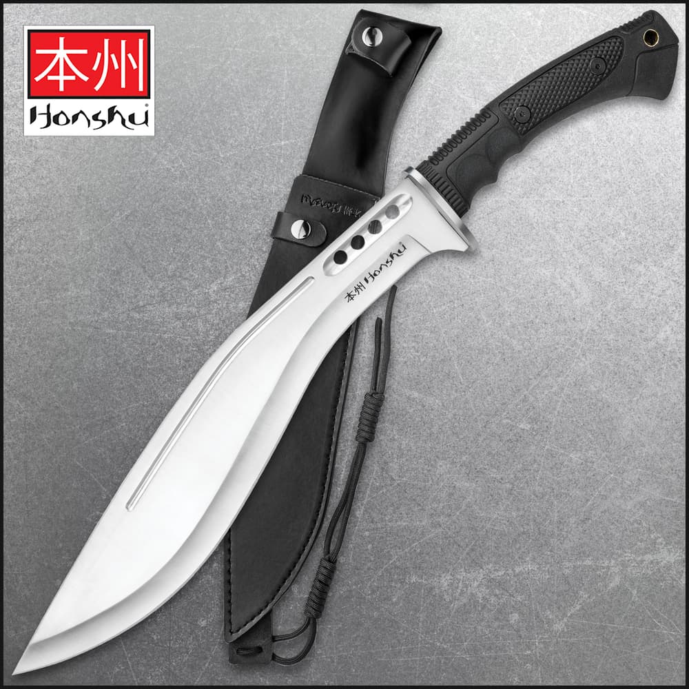 Honshu Boshin Kukri with a full-tang 13 1/8” 7Cr13 stainless steel blade with TPR handle shown on a blue background. image number 0