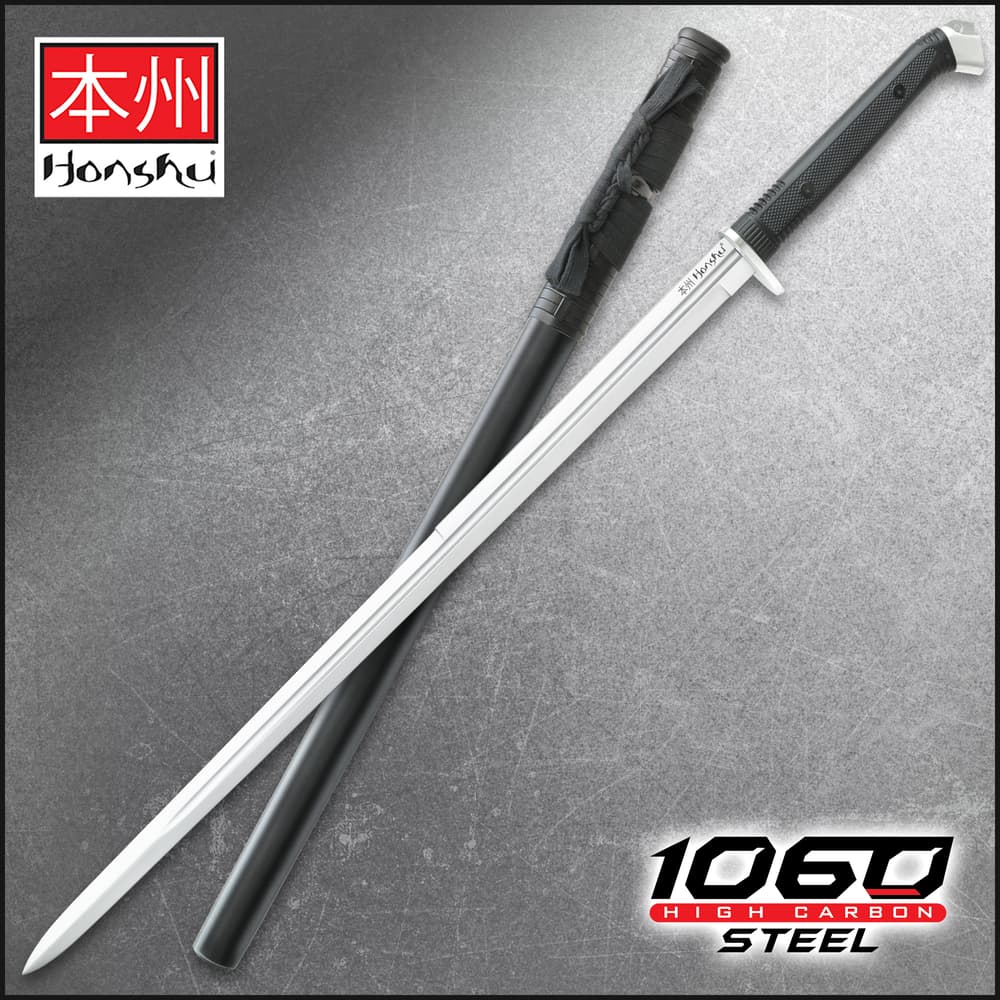 Honshu Boshin Double Edge Sword With Scabbard - 1060 Carbon Steel Blade, TPR Textured Handle, Stainless Guard And Pommel - Length 40 13/16” image number 0