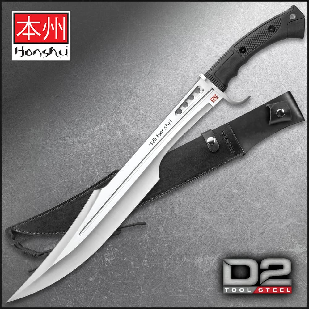 Honshu Spartan Sword And Sheath - D2 Tool Steel Blade, Grippy TPR Handle, Stainless Steel Guard - Length 23” image number 0