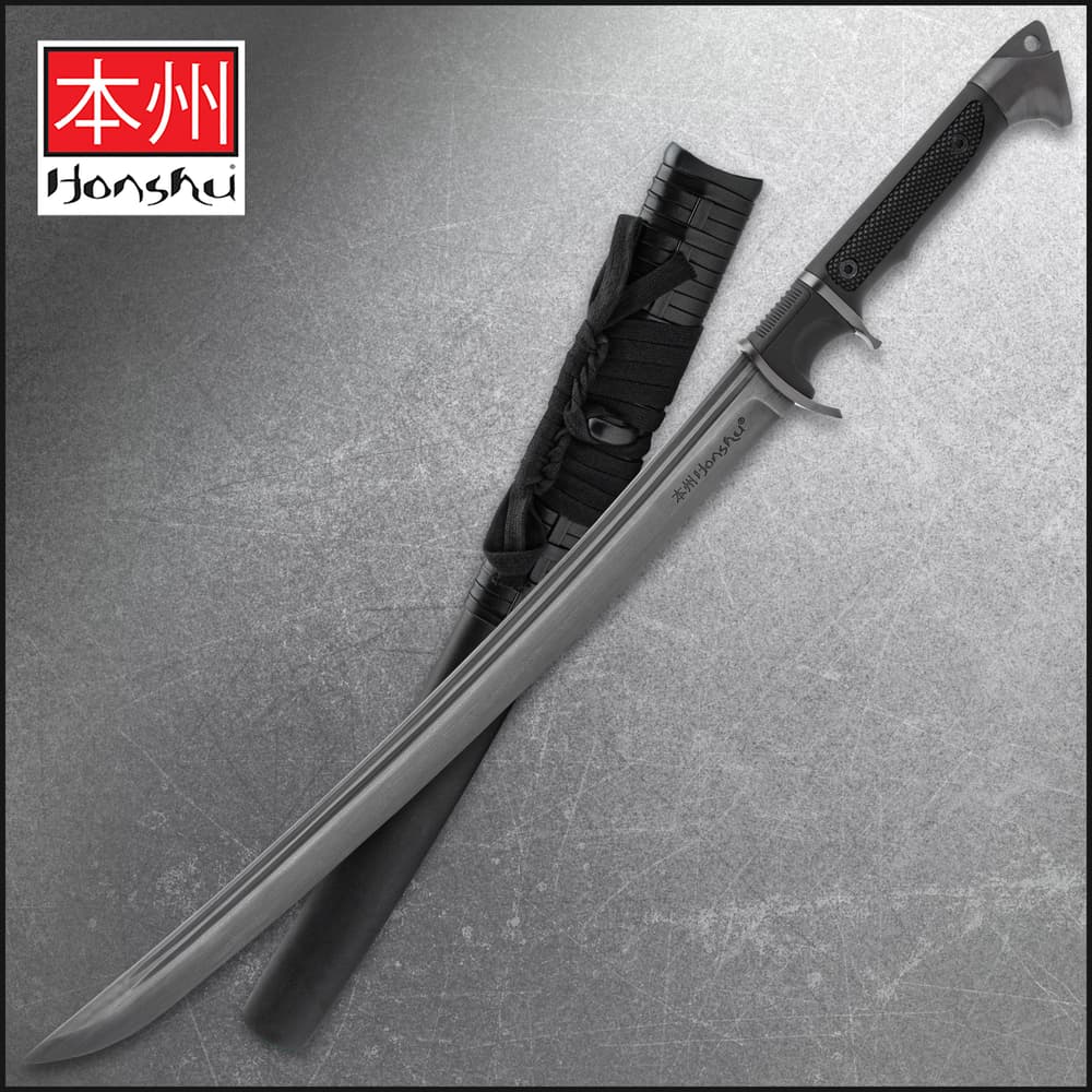 The Honshu Damascus Sub-hilt Wakizashi comes with a black wooden scabbard image number 0