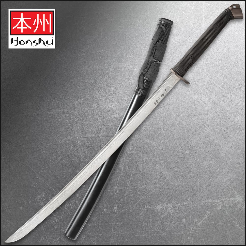 Honshu Boshin Damascus Katana With Scabbard - Damascus Steel, TPR Handle, Steel Guard And Pommel - Length 40 3/4” image number 0