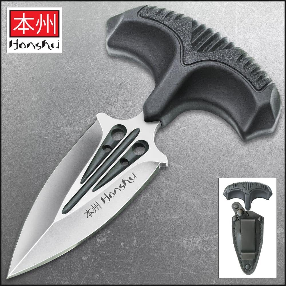 Honshu Small Covert Defense Push Dagger And Sheath - 7Cr13 Stainless Steel Blade, Molded TPR Handle - Length 4 3/4” image number 0