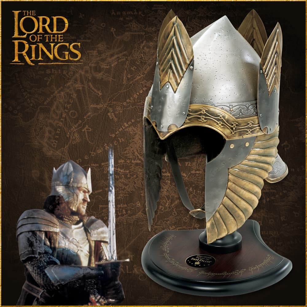 The Lord of the Rings Helm of Isildur crafted with iron and brass decorations sits on a wooden display aside a photo of the character in the helm. image number 0