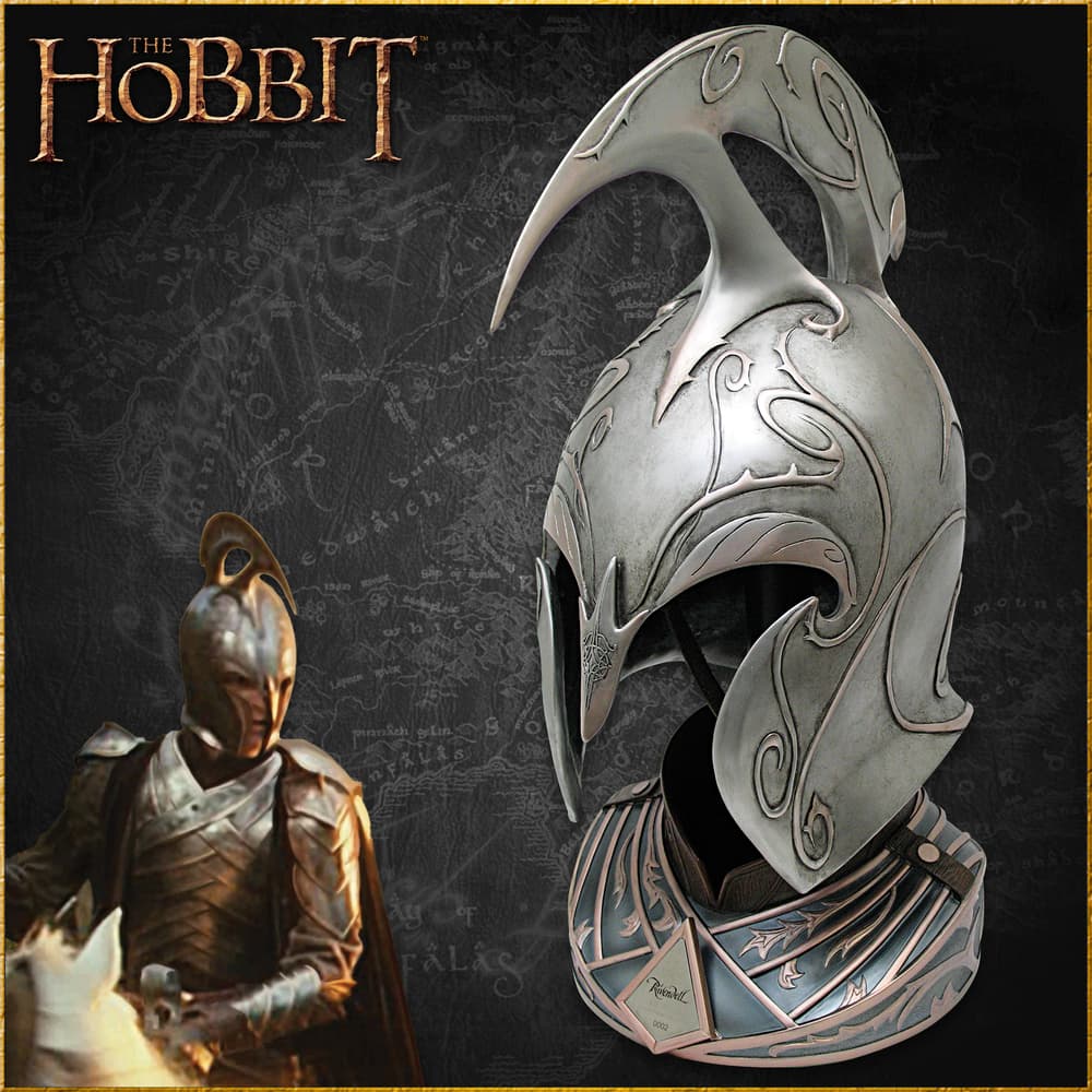 The Lord of the Rings Rivendell Elf Helm has an ornate display stand and is individually serial numbered. image number 0