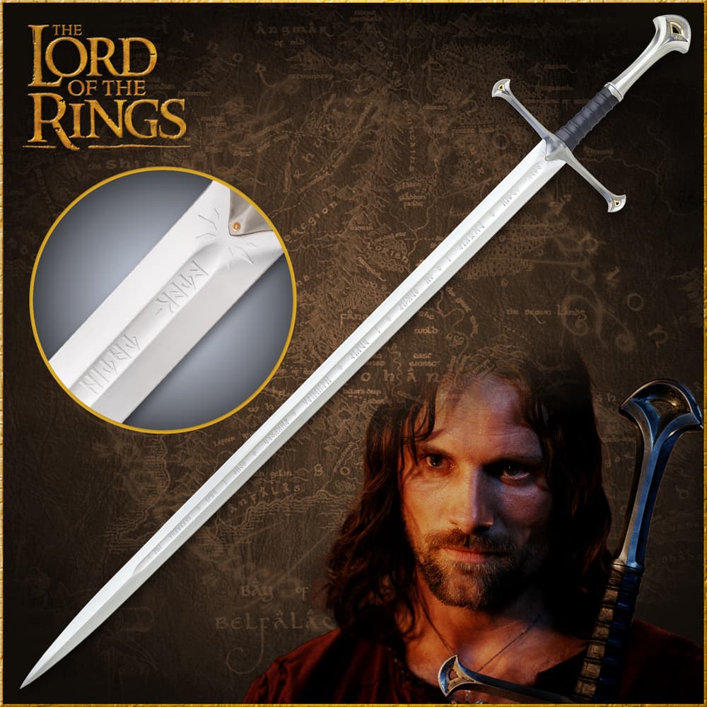 The Lord of the Rings Anduril sword shown held by King Elessar, in full detail, and with closeup view of gold-plated hilt fittings. image number 0