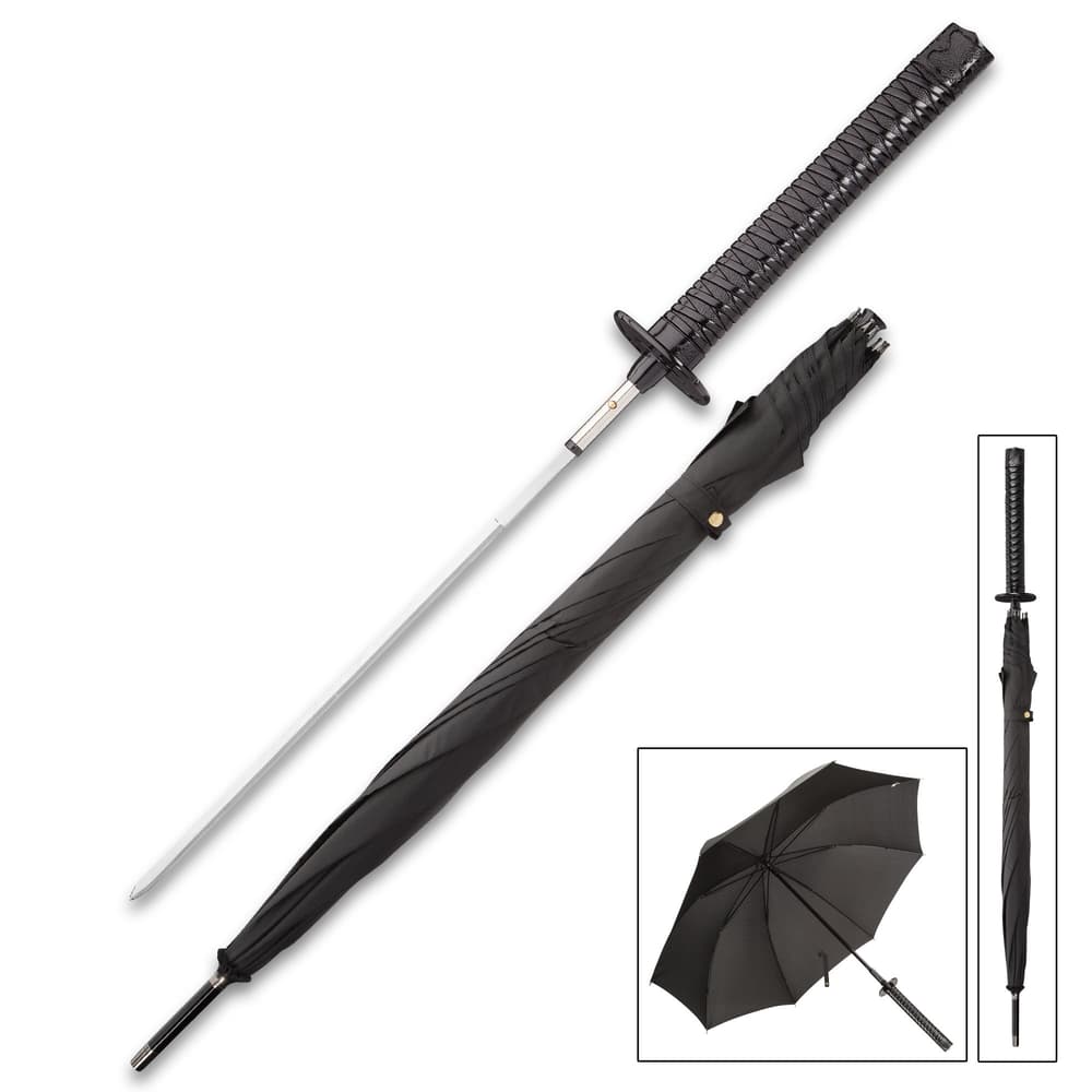 Black umbrella sword is shown with sword pulled from the umbrella and inside the functioning umbrella. image number 0