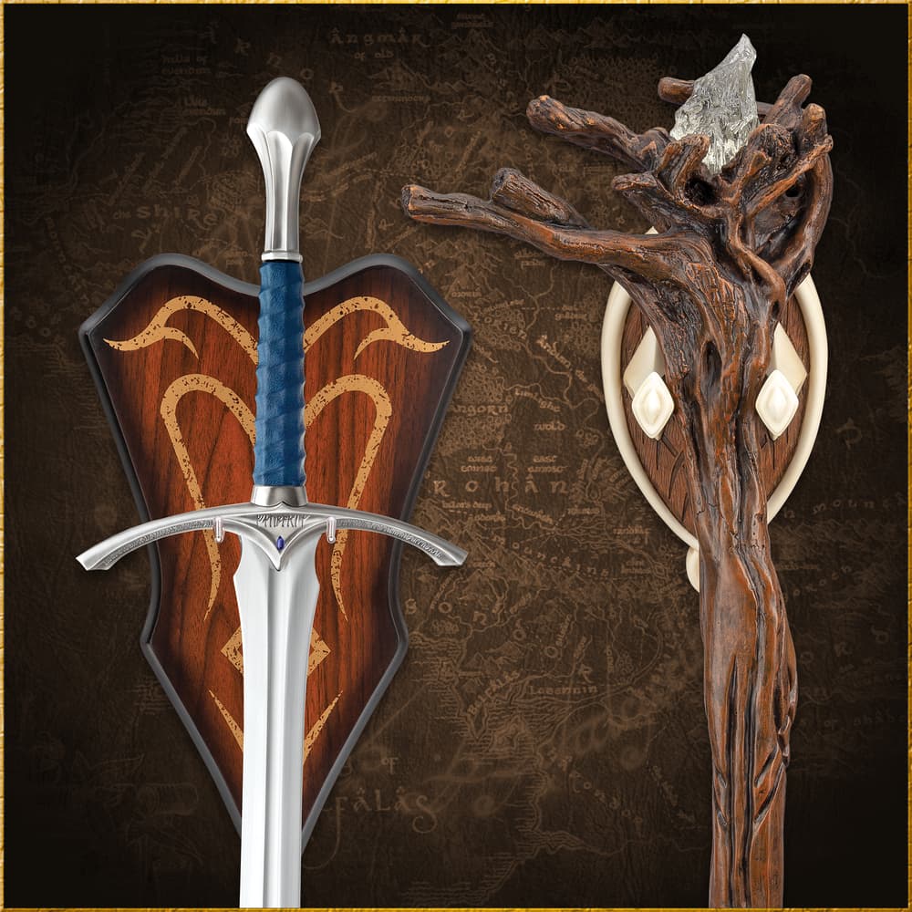 Close up image of Gandalf's Staff Moria and the Glamdring Sword hanging on the included wall plaque. image number 1