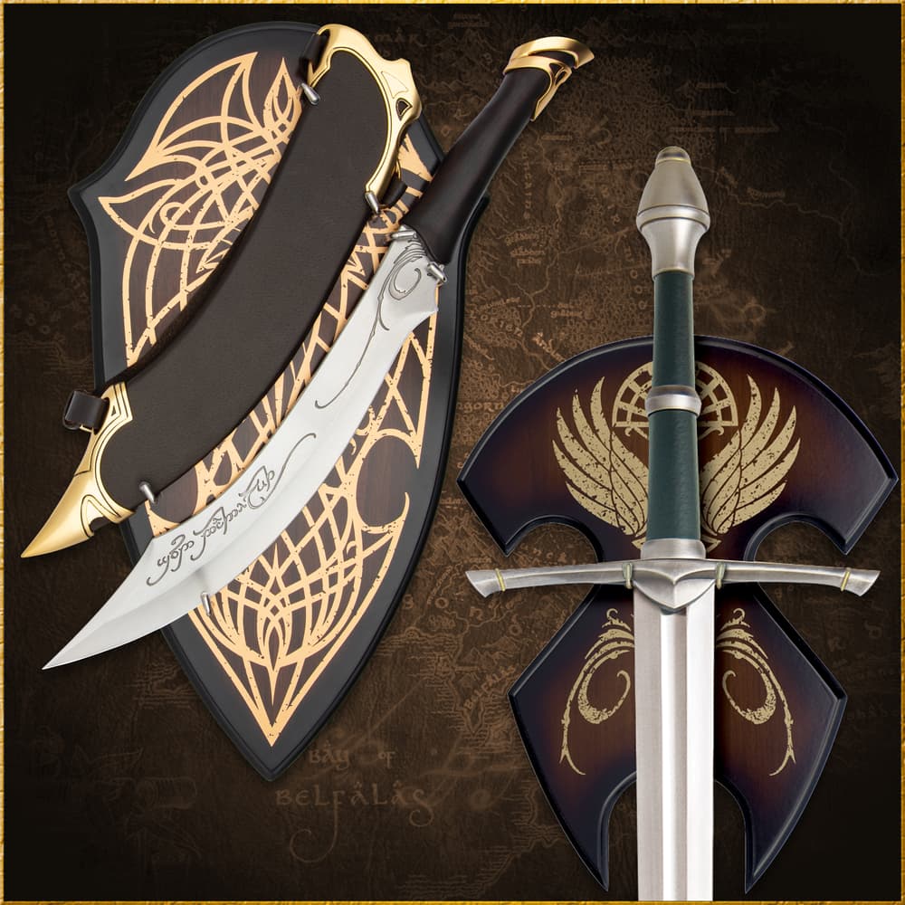 Full image of the Elven Knife of Strider with the scabbard and wall plaque and Strider's Sword hanging on the wall plaque that's included in the Strider Collection. image number 1