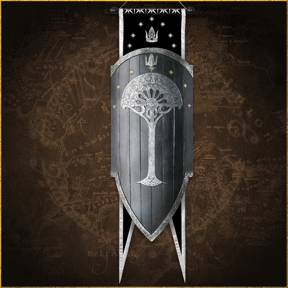 The Second Age War Shield of Gondor with shown hanging in front of the included war banner. image number 1