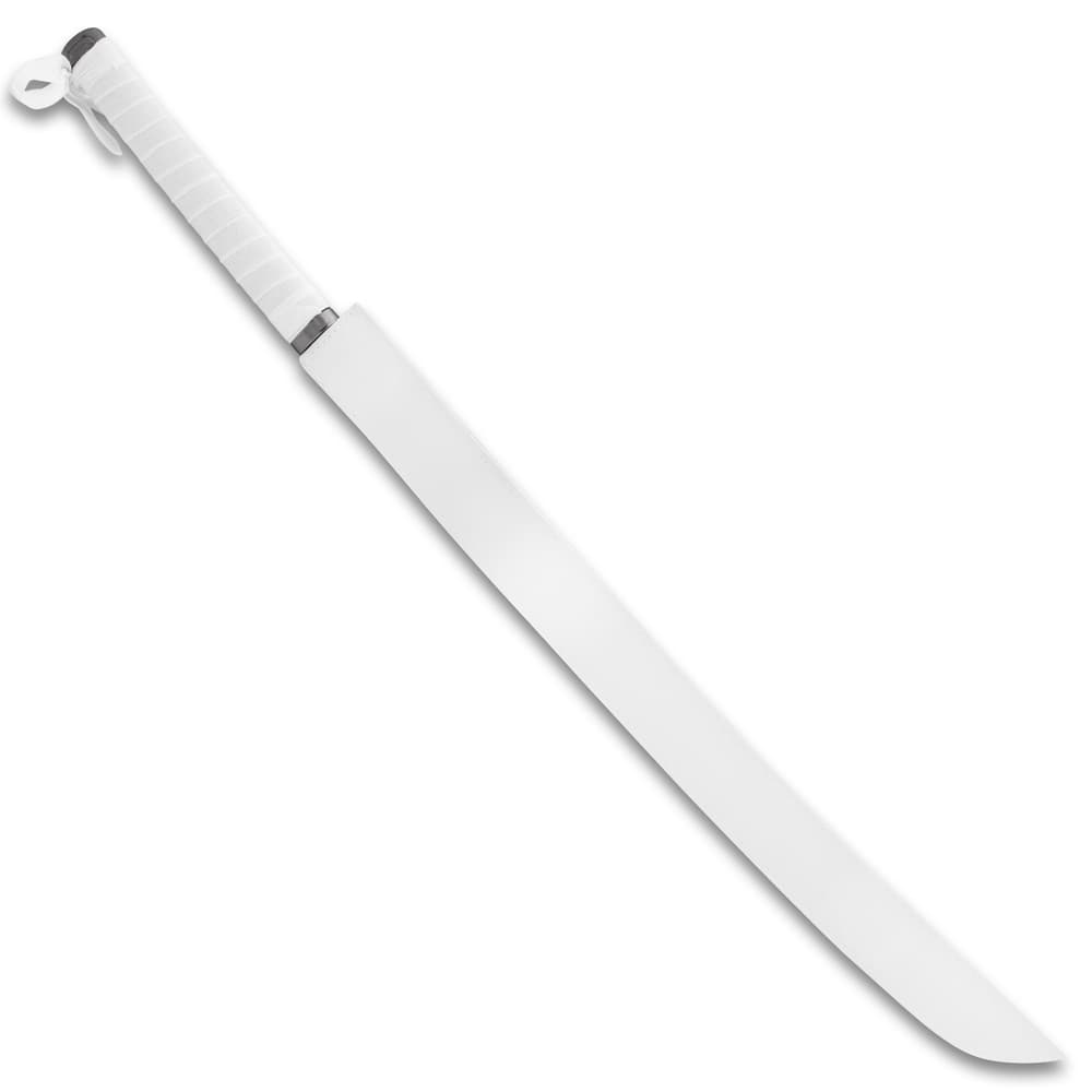 The sword is shown inside its white faux leather scabbard with adjustable shoulder strap. image number 1