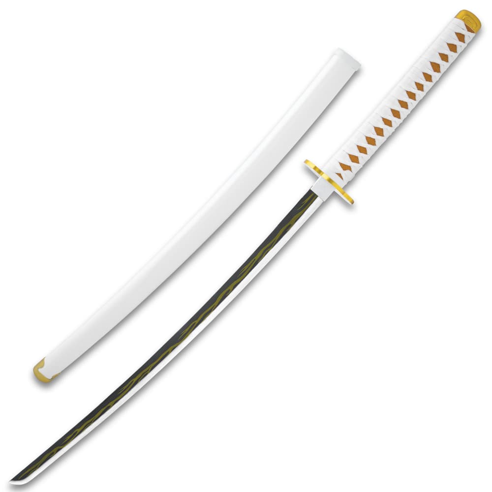 Full view of the popular anime sword with carbon steel blade with yellow lightning design, white and yellow handle, and white scabbard. image number 1