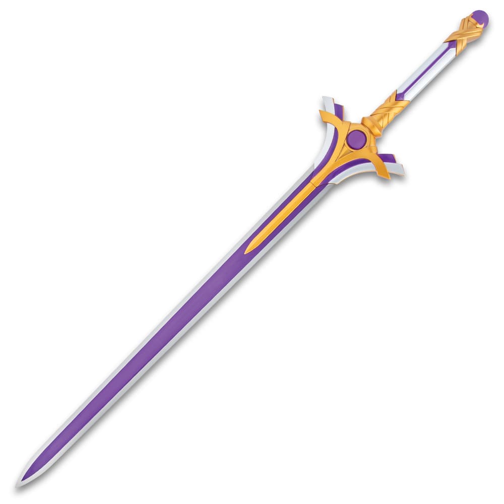 The anime sword has a V-shaped metal alloy guard that has silver, gold and purple accents image number 1