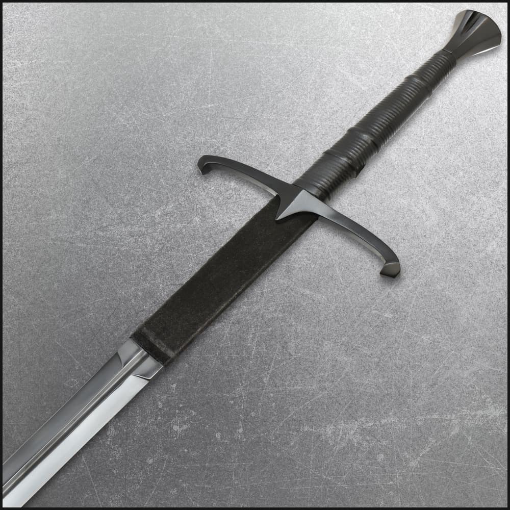 The scabbard is premium black leather with metal accents image number 1