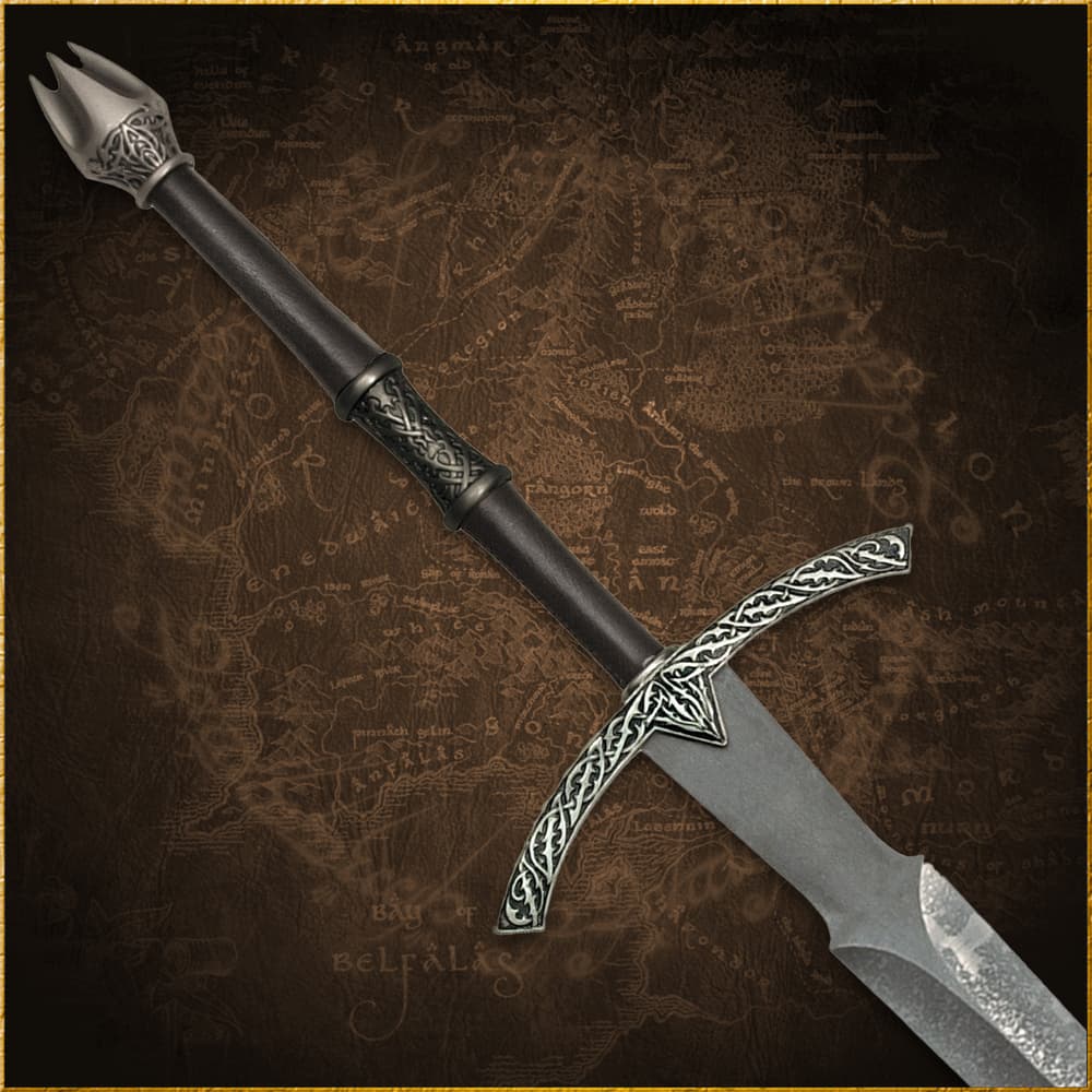 The Witch-King sword hangs from a decorative wood wall plaque with ornate detailing. image number 1