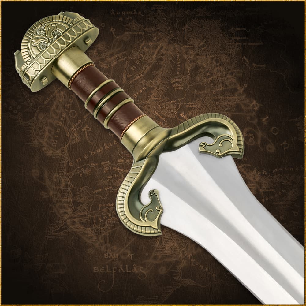 Eowyn’s sword is shown hanging on a wooden plaque with two gold horse heads framing the hilt. image number 1