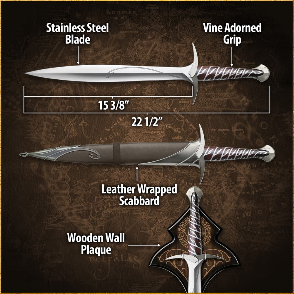 Details and features of the Sting Sword and Scabbard included in the Hobbit Bilbo Collection. image number 2