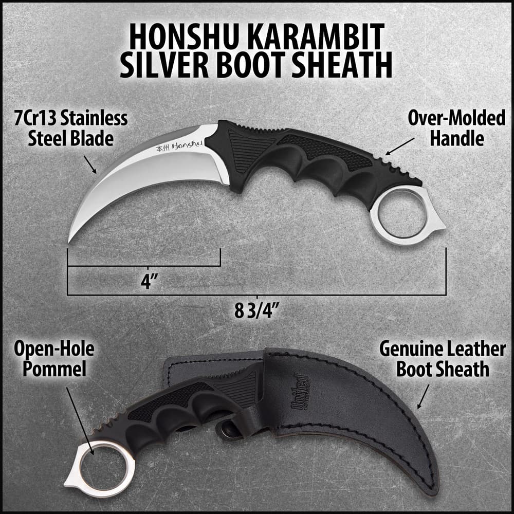 The karambit’s boot sheath is shown clipped to a boot with a hand shown holding it by the over-molded handle with open-hole pommel. image number 2