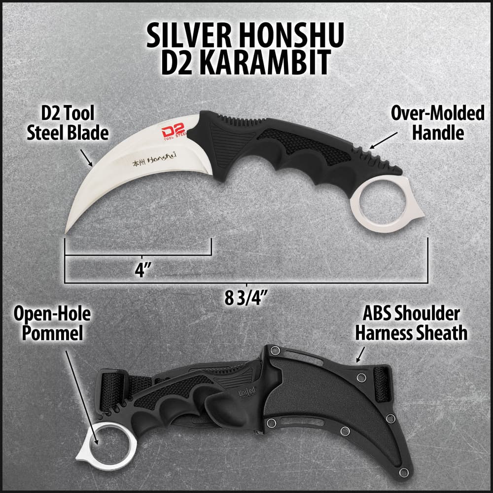 The 4” karambit has a razor-sharp, D2 tool steel curved blade with a penetrating point and the handle is grippy, over-molded TPU with the classic finger-ring pommel image number 2