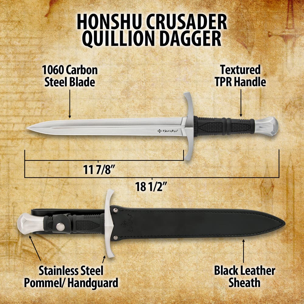 Upclose angled view of a silver dagger with  blood groves and a hand guard, with a cross-style symbol and "Honshu" displayed on the bottom right side of the blade. image number 2