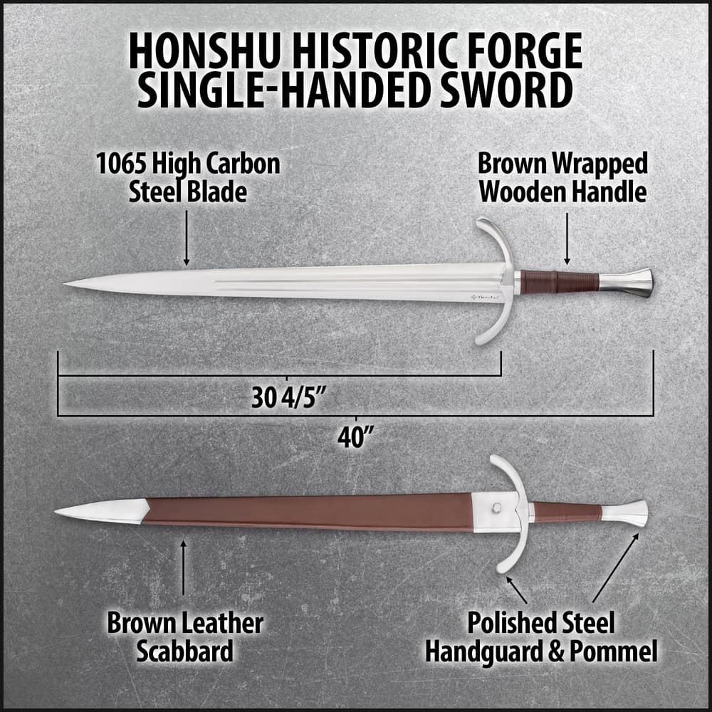 Stainless steel blade attached to polished handguard and wood handle wrapped in brown leather with hefty steel pommel image number 2