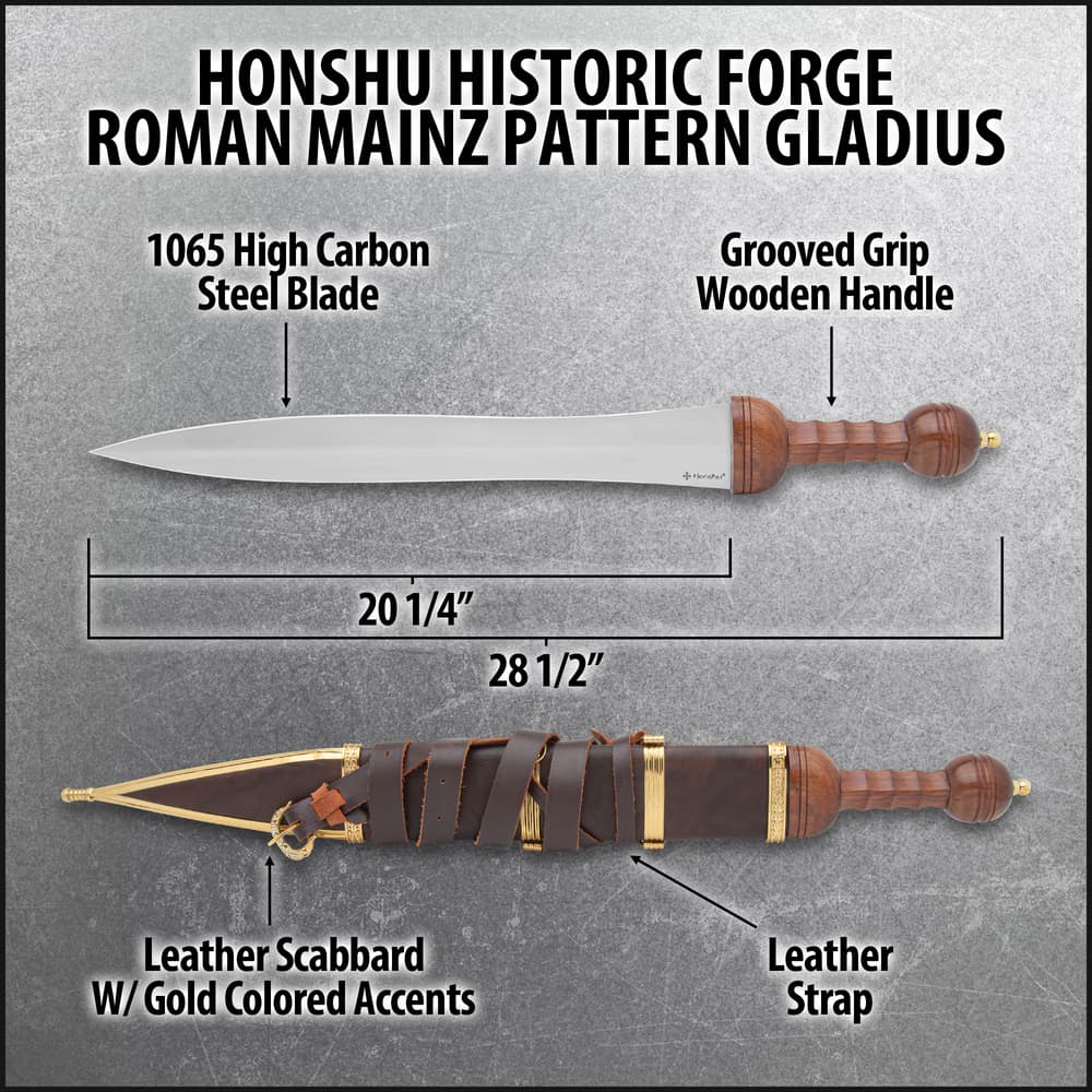 Zoomed view of the piercing point of the Honshu Roman Mainz Pattern Gladius’ 1065 carbon steel blade. image number 2