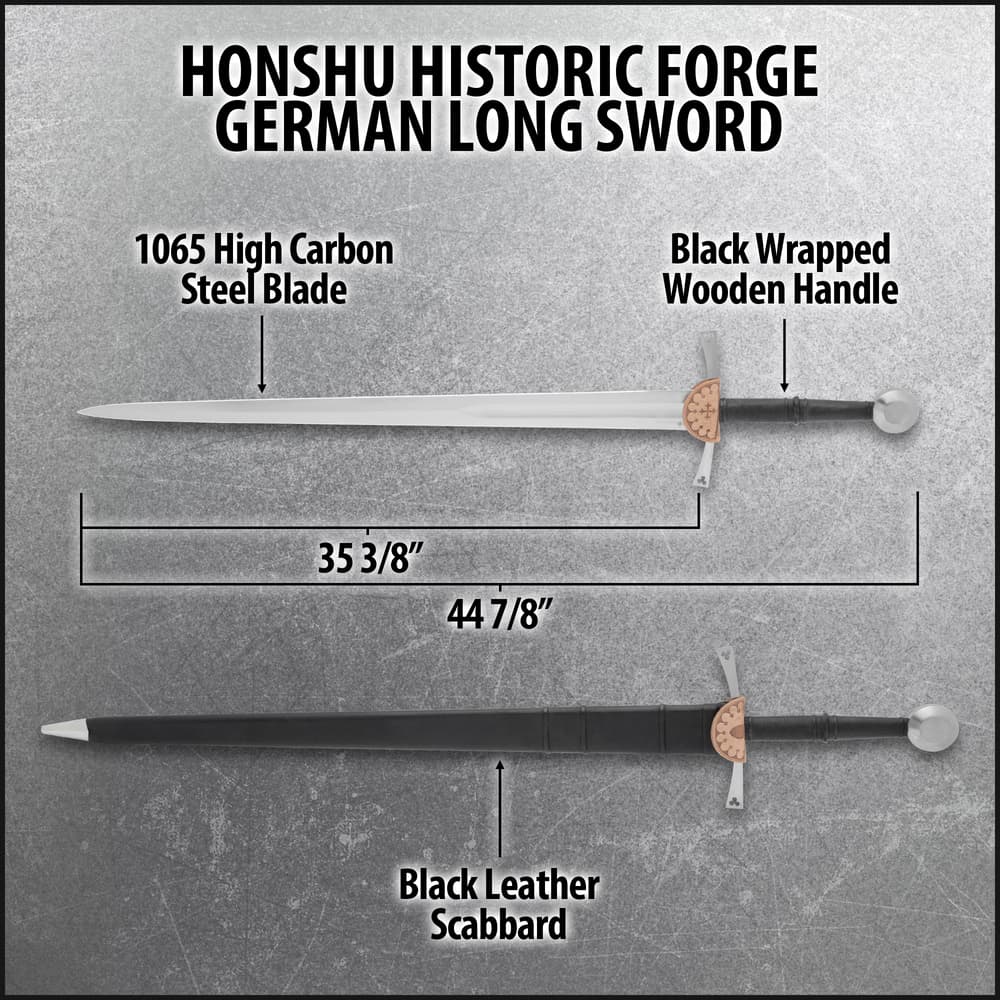 Zoomed view of the point of the 1065 carbon steel blade of the Honshu Historic Forge German Long Sword. image number 2