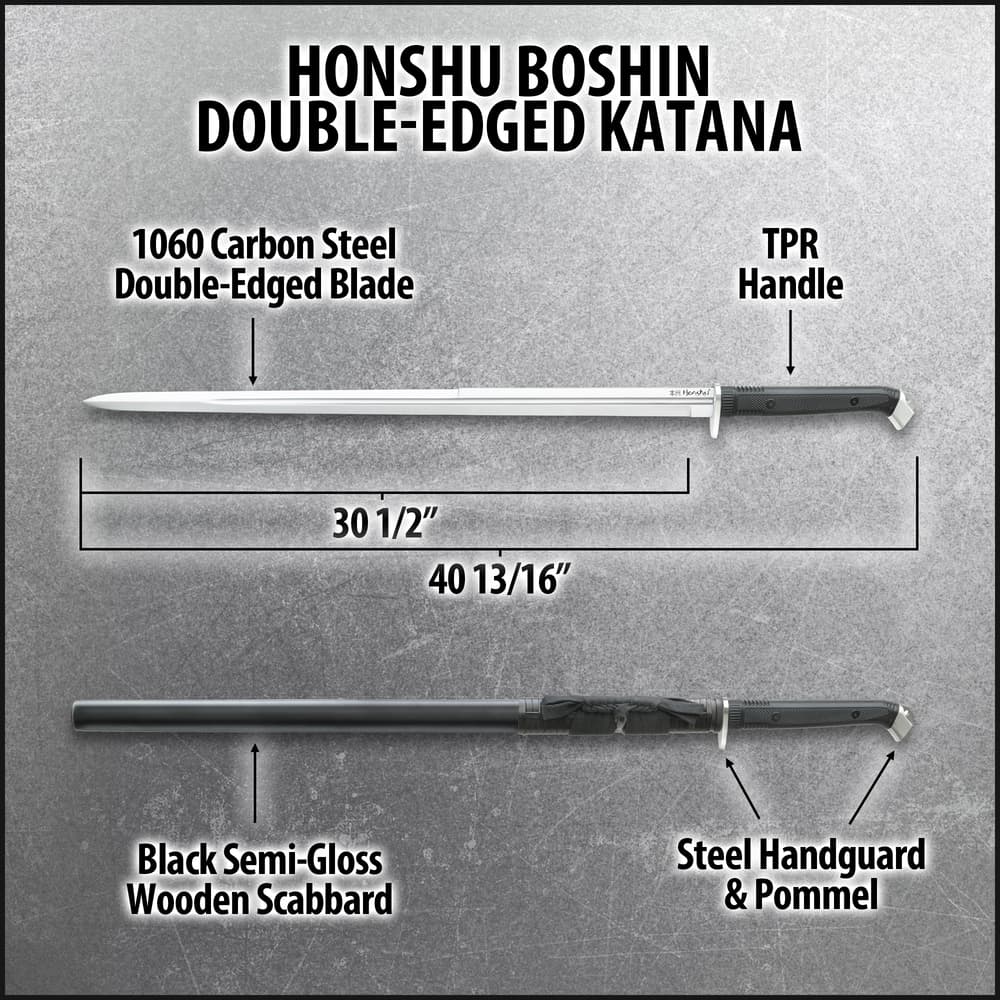 Honshu Boshin Double Edge Sword With Scabbard - 1060 Carbon Steel Blade, TPR Textured Handle, Stainless Guard And Pommel - Length 40 13/16” image number 2