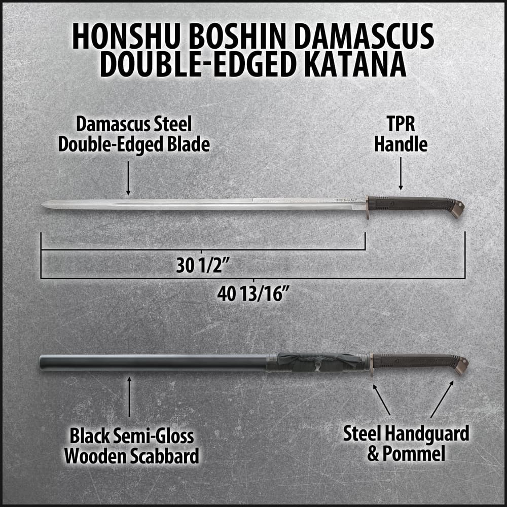 Honshu Boshin Damascus Double Edge Sword With Scabbard - Damascus Steel Blade, TPR Textured Handle, Stainless Guard And Pommel - Length 40 13/16” image number 2