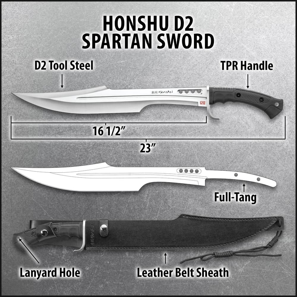 Honshu Spartan Sword And Sheath - D2 Tool Steel Blade, Grippy TPR Handle, Stainless Steel Guard - Length 23” image number 2