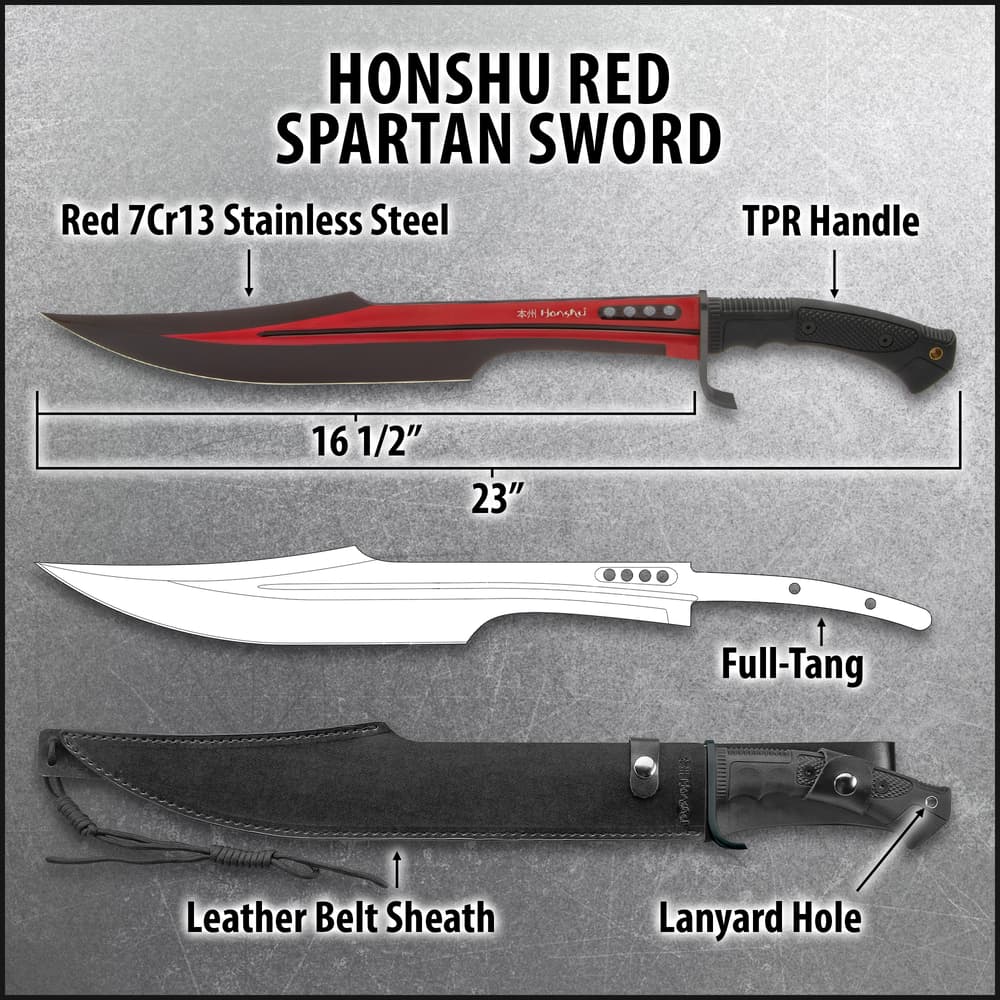 The Honshu Red Spartan Sword has a two-tone red and black stainless steel blade image number 2