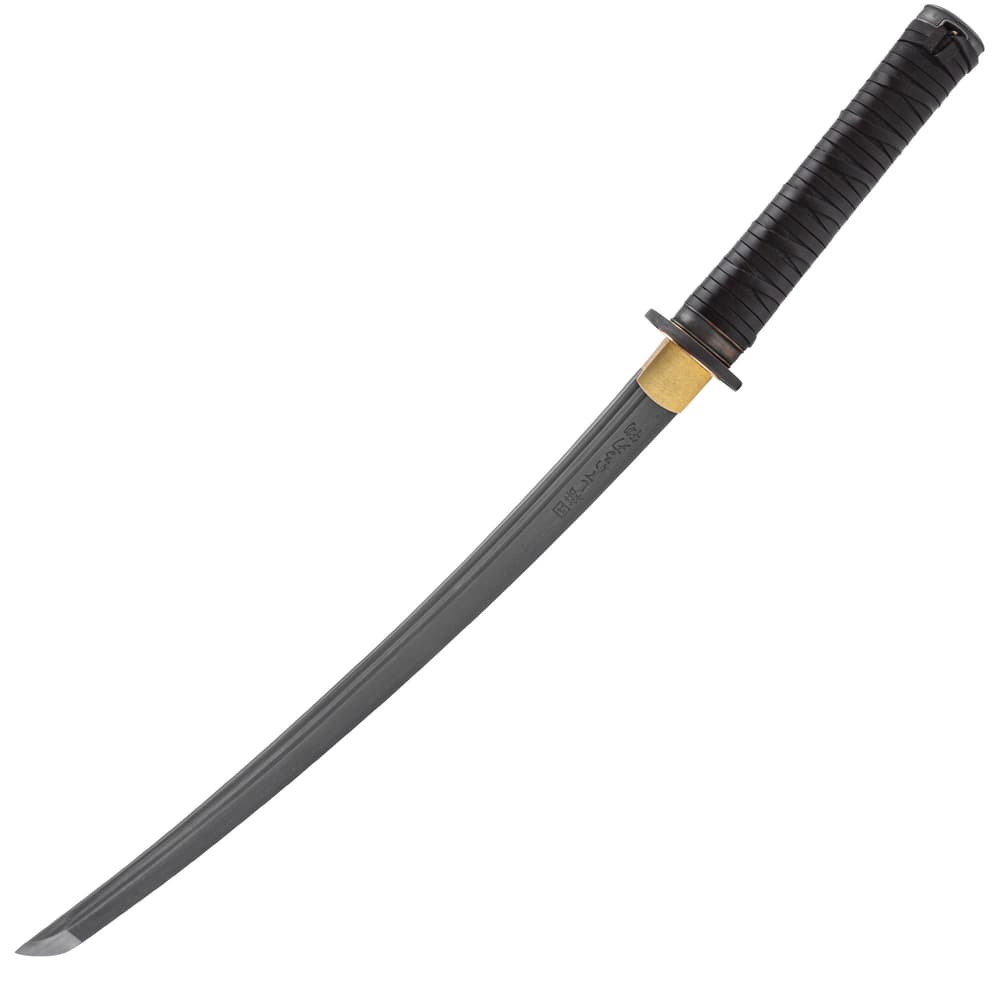 Wakizashi shown in full with 22” Damascus steel blade and wooden handle wrapped in genuine brown leather. image number 2