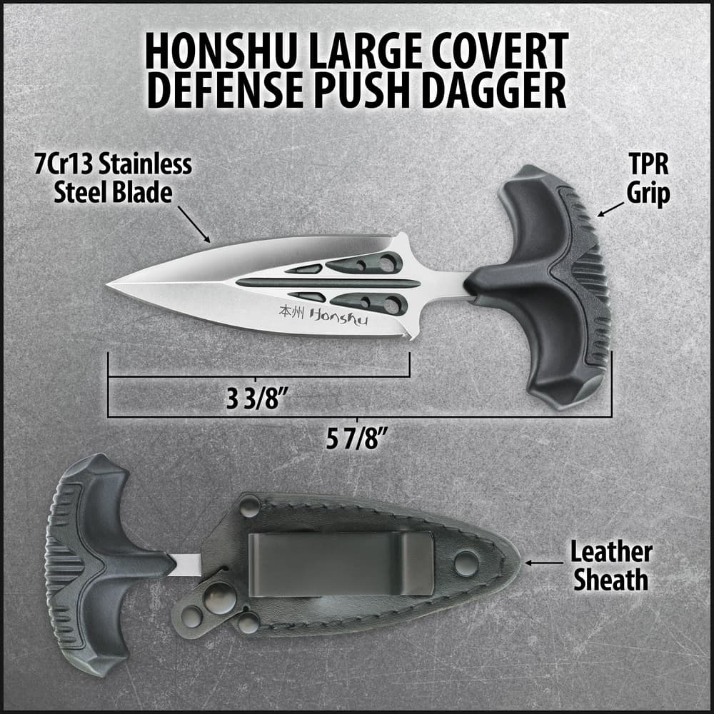 Honshu Large Covert Defense Push Dagger And Sheath - 7Cr13 Stainless Steel Blade, Molded TPR Handle - Length 5 7/8” image number 2