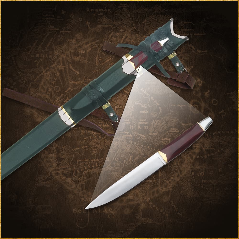 Full image of the Sword of Strider Scabbard with included companion hunting knife. image number 3