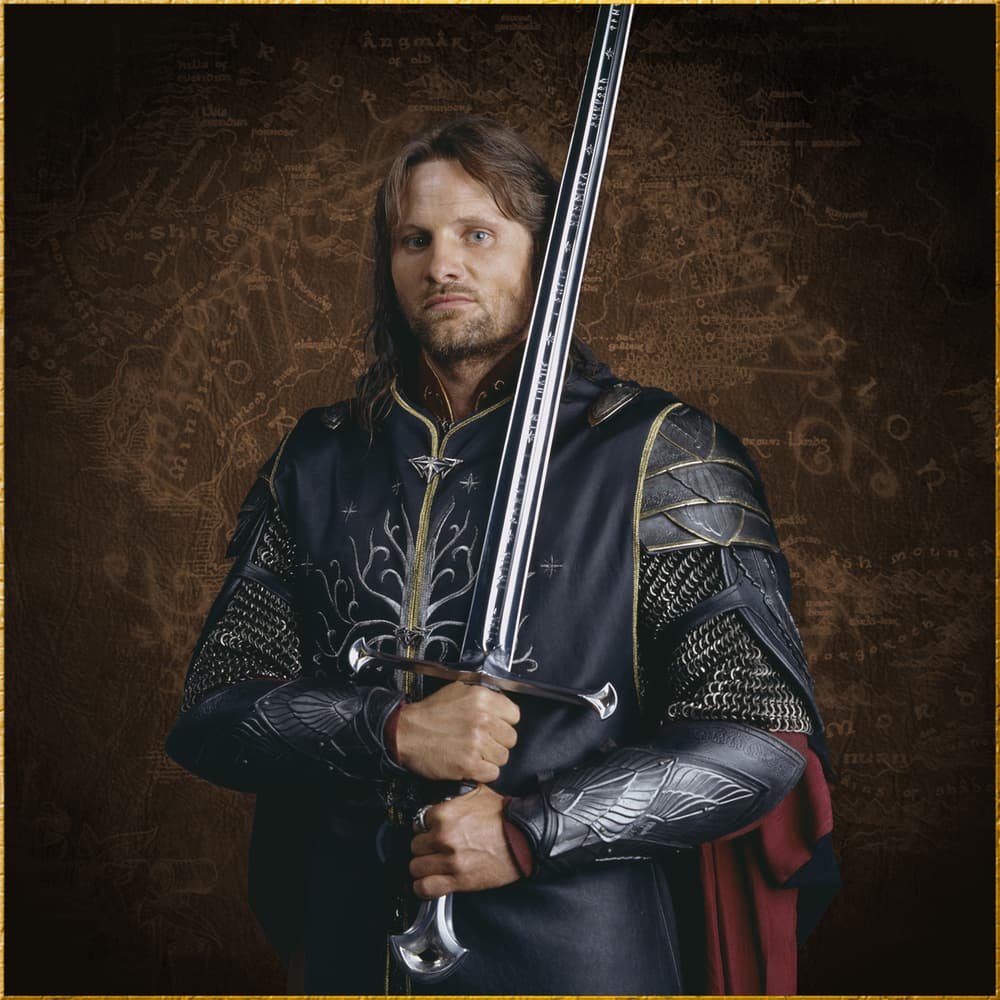 The Lord of the Rings character King Elessar of Gondor is shown in battle with the Anduril sword. image number 3