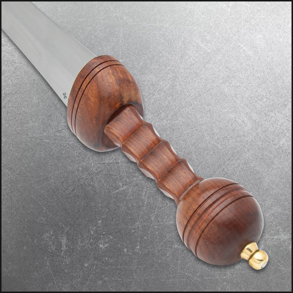 Full view of the Honshu Roman Mainz Pattern Gladius with its 1065 carbon steel blade and wooden handle with brass detailing. image number 4