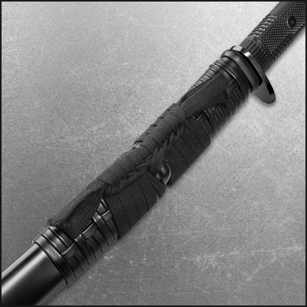 Close view of black rugged TPR handle on Honshu Boshin handmade katana sword image number 5